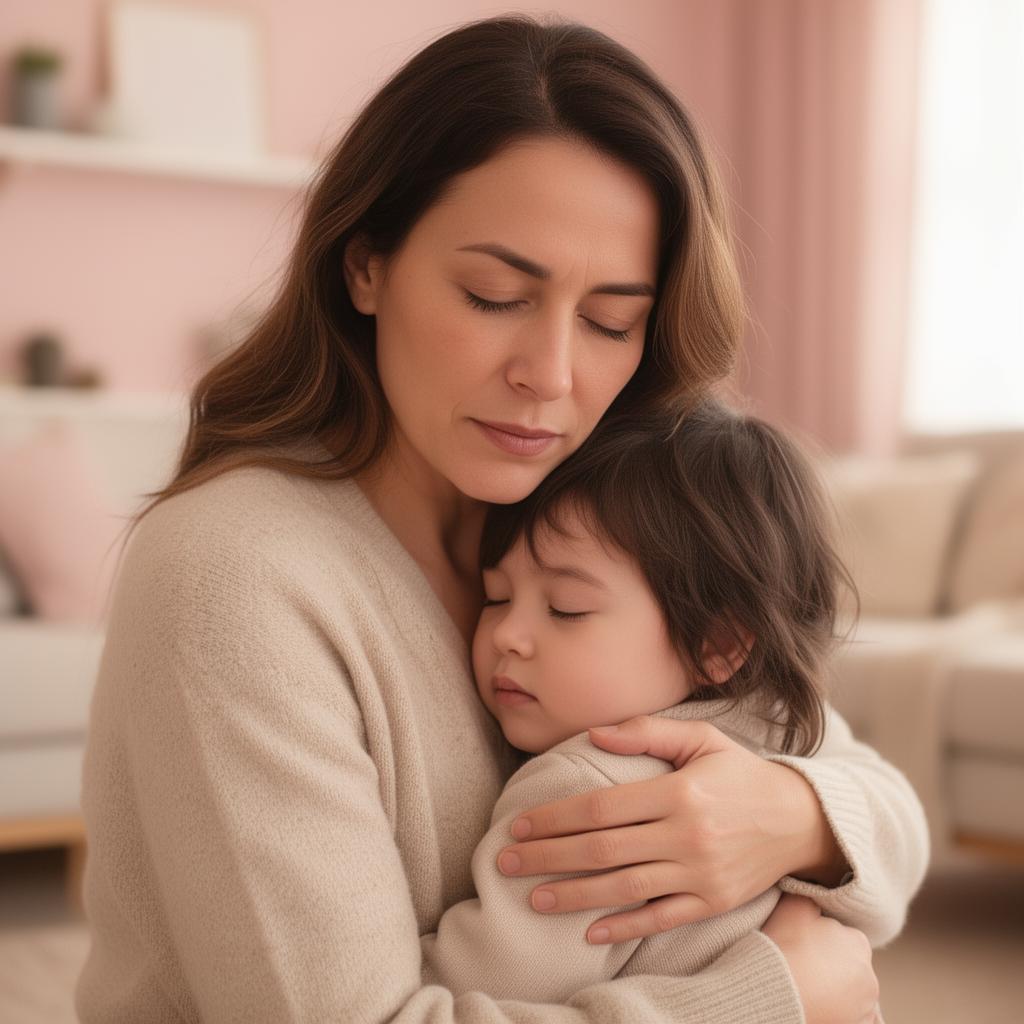 Mamá abrazando a su hijo con ternura en casa